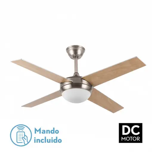 Ventilador DC Ciro níquel 4 aspas plata/haya E27 y temporizador
