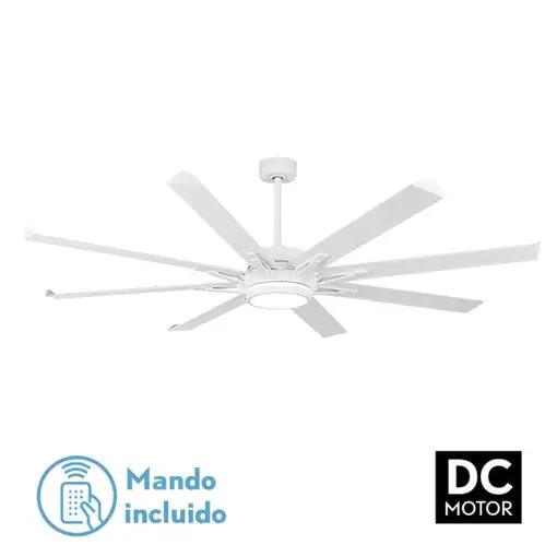 Ventilador LED blanco, 8 aspas, luz doble, mando, memoria y temporizador