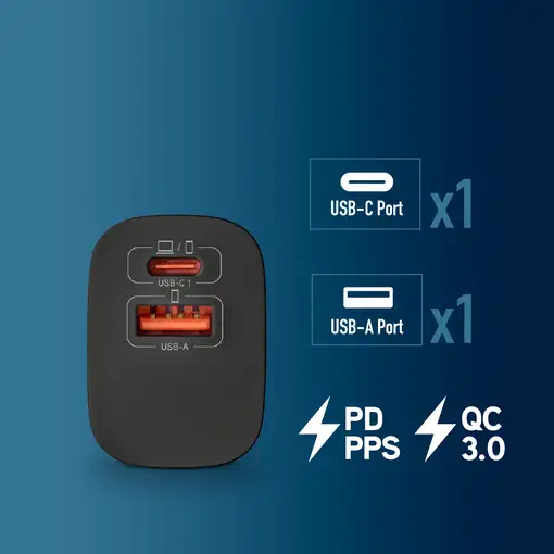 Cargador GAN de pared ultrarápido de 45W con 2 puertos: 1 USB-C 1 USB-A, NGS