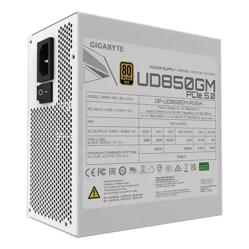GIGABYTE UD850GM PG5W Fuente de Alimentación - PCIe 5.0, 80 PLUS Gold, Diseño tota