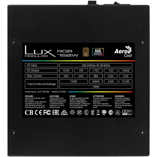 Aerocool LUXRGB750M Fuente Alimentación PC Modular RGB 750W 80Plus Bronze 230V Neg
