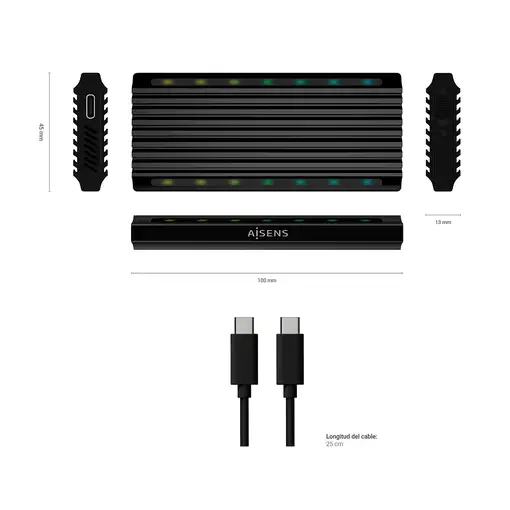 AISENS Caja Externa M.2 RGB Gaming ASM2-RGB012B SATA/NVMe A USB3.1 Gen2, Negra