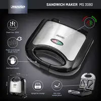 Sandwichera 2 Sandwiches, Placas Antiadherentes, Tostado Perfecto, MS3080, Mesko