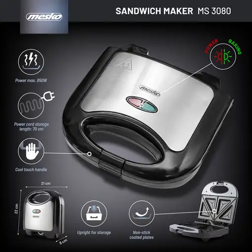Sandwichera 2 Sandwiches, Placas Antiadherentes, Tostado Perfecto, MS3080, Mesko