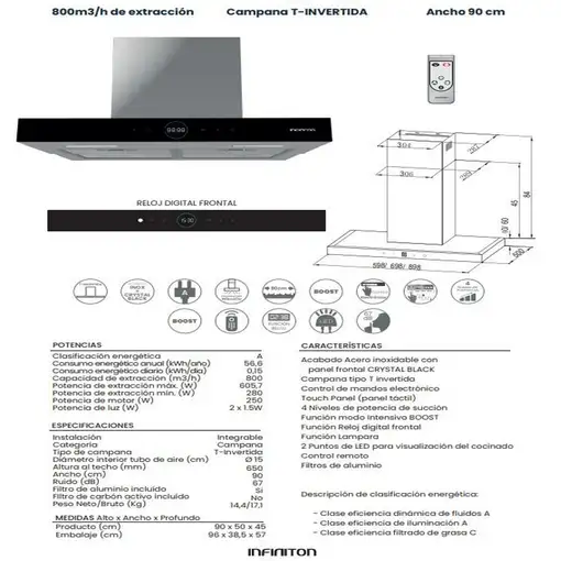 Campana CMPT-A90I – Inox, 90cm, 800m³/h, 250W, T Invertida INFINITON