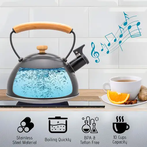 Tetera con Silbato, Hervidor Agua 2,3L, Inducción, Acero Inox, Negro Wooden Briebe