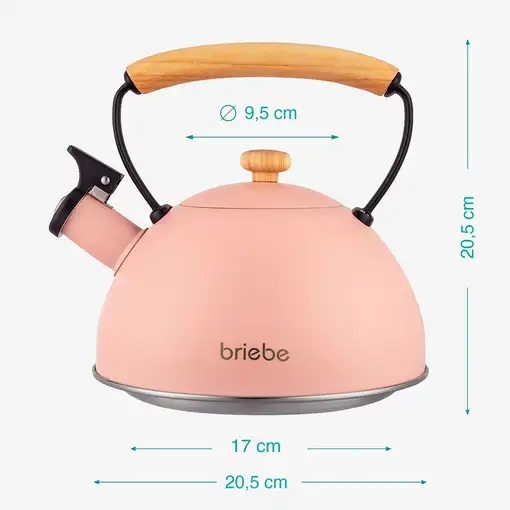 Tetera con Silbato, Hervidor de Agua 2,3L, Inducción,Acero Inox,Rosa Pastel Briebe