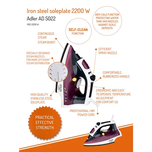 Plancha Ropa Vapor, Suela Acero Inox, Apagado Automático, Adler, AD5022