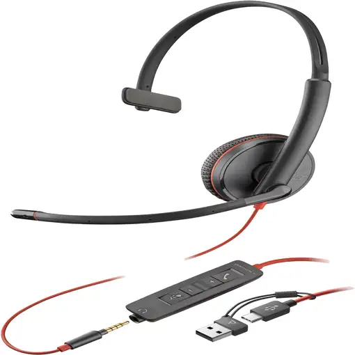 POLY Auriculares monoaurales Blackwire 3215 USB-C + Conector de 3,5 mm + Adaptador