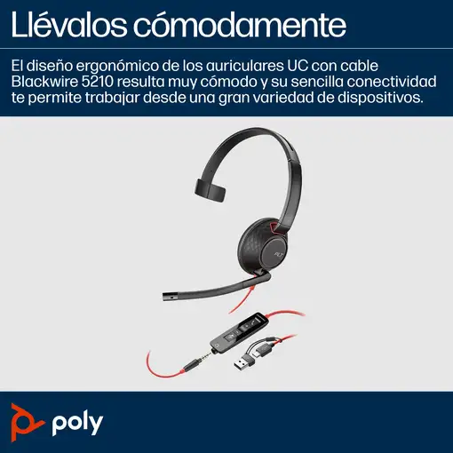 POLY Auriculares Blackwire 5210 monaural USB-C + conector de 3,5 mm + adaptador US