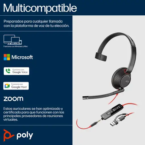 POLY Auriculares Blackwire 5210 monaural USB-C + conector de 3,5 mm + adaptador US