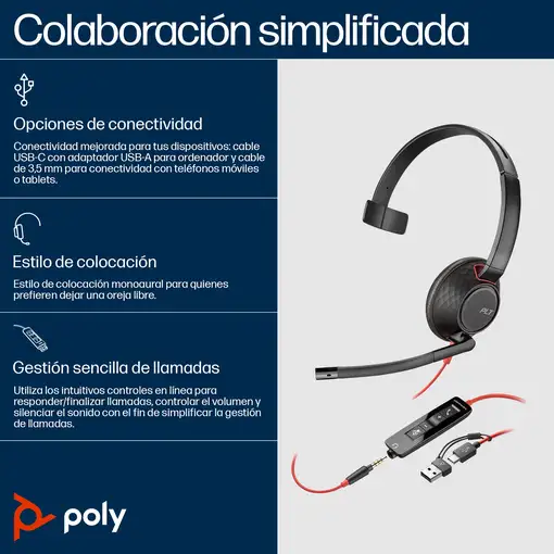 POLY Auriculares Blackwire 5210 monaural USB-C + conector de 3,5 mm + adaptador US
