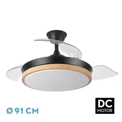 Ventilador DC Evros Negro/Haya 72W 3 aspas Desplegables, LED regulable, remoto