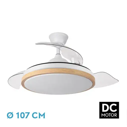 Ventilador DC Evros Blanco/Haya 72W 3 aspas Desplegables, LED regulable, remoto