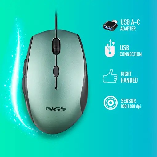 Ratón ergonómico con cable y botones silenciosos con adaptador USB a tipo C, NGS 