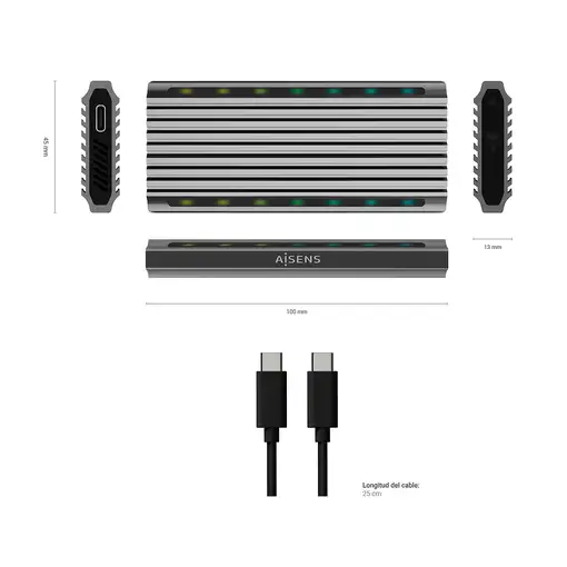 AISENS Caja Externa M.2 RGB Gaming ASM2-RGB011GR SATA/NVMe A USB3.1 Gen2, Gris