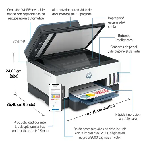 HP Smart Tank 7306 Inalámbrico All-in-One Color Impresora, Impresión a doble cara;