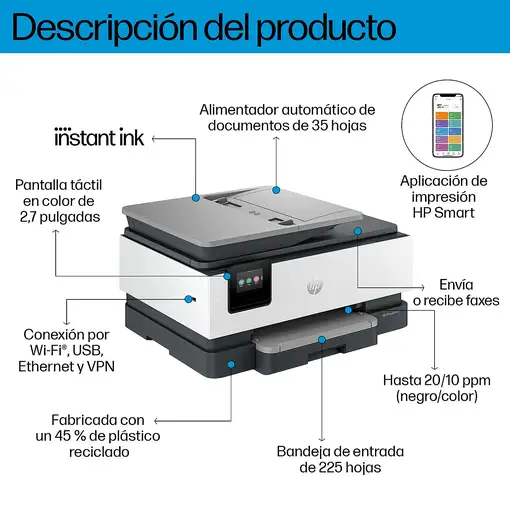 HP OfficeJet Pro 8124e Inalámbrico All-in-One Color Impresora, Servicio Instant In