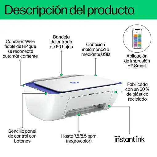 HP DeskJet 2821e Inalámbrico All-in-One Color Impresora, Instant Ink; Fotocopiador