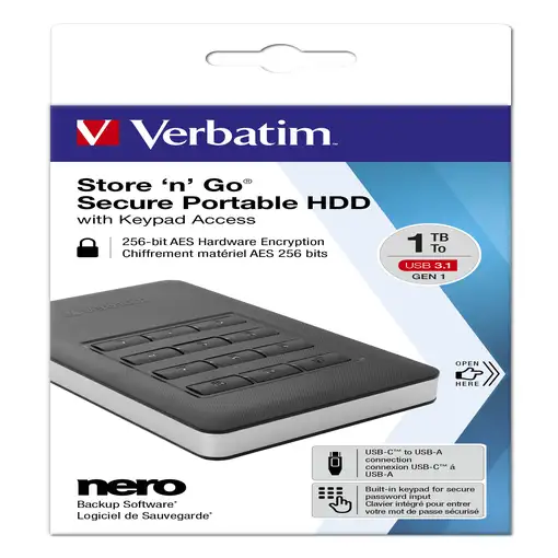 Verbatim Disco duro portátil y seguro Store n Go de 2 TB con teclado