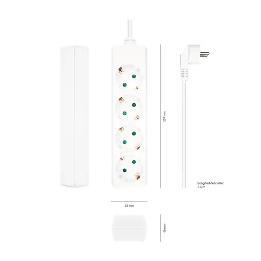 AISENS Base Multiple 4 Tomas Sin Interruptor Con Cable 3x1.5mm2, Blanco, 1.4m