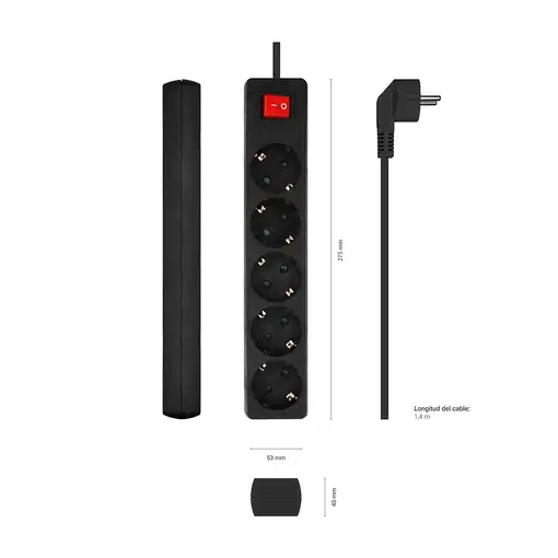 AISENS Base Multiple 5 Tomas con Interruptor con Cable 3×1.5mm2, Negro, 1.4 m
