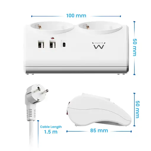Ewent EW3870 base múltiple 1,5 m 3 salidas AC Interior Blanco