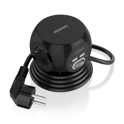 AISENS Regleta de Enchufes Sobremesa Multifuncion con 3 Tomas + 2xUSB-C, 2xUSB-A,