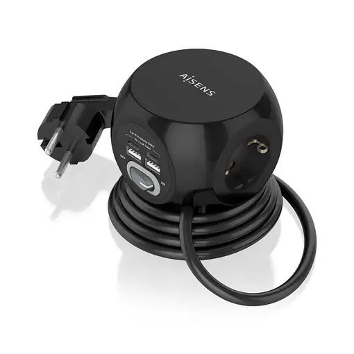AISENS Regleta de Enchufes Sobremesa Multifuncion con 3 Tomas + 2xUSB-C, 2xUSB-A,