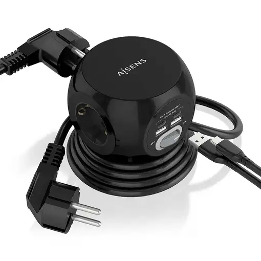 AISENS Regleta de Enchufes Sobremesa Multifuncion con 3 Tomas + 2xUSB-C, 2xUSB-A,