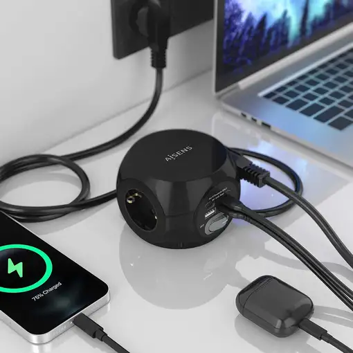AISENS Regleta de Enchufes Sobremesa Multifuncion con 3 Tomas + 2xUSB-C, 2xUSB-A,