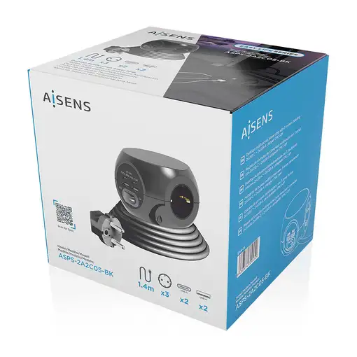 AISENS Regleta de Enchufes Sobremesa Multifuncion con 3 Tomas + 2xUSB-C, 2xUSB-A,
