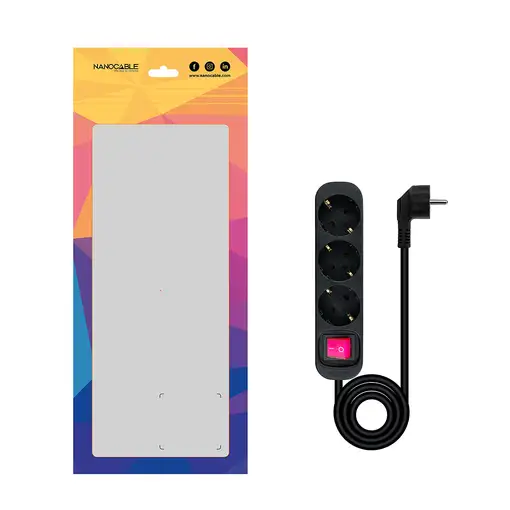 Nanocable Regleta de Enchufes con 3 Tomas con Interruptor, 1.4 m, Negro
