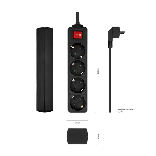 AISENS Base Multiple 4 Tomas con Interruptor con Cable 3×1.5mm2, Negro, 1.4 m