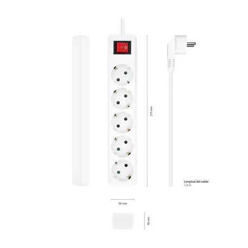 AISENS Base Multiple 5 Tomas con Interruptor con Cable 3×1.5mm2, Blanco, 1.4 m