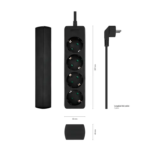 AISENS Base Multiple 4 Tomas Sin Interruptor Con Cable 3x1.5mm2, Negro, 1.4m