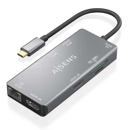 AISENS USB-C Dock 9 En 1, USB-C a 2xHDMI, 1xRJ45, 2xUSB-A USB3.0, 1xUSB-A USB2.0,