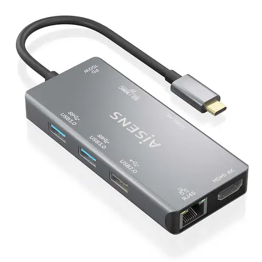 AISENS USB-C Dock 9 En 1, USB-C a 2xHDMI, 1xRJ45, 2xUSB-A USB3.0, 1xUSB-A USB2.0,