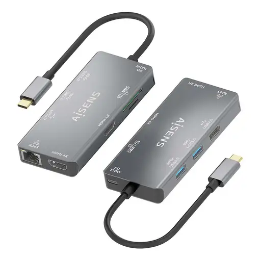 AISENS USB-C Dock 9 En 1, USB-C a 2xHDMI, 1xRJ45, 2xUSB-A USB3.0, 1xUSB-A USB2.0,