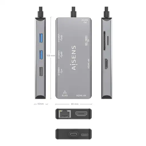 AISENS USB-C Dock 9 En 1, USB-C a 2xHDMI, 1xRJ45, 2xUSB-A USB3.0, 1xUSB-A USB2.0,