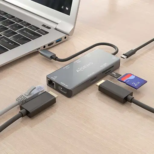 AISENS USB-C Dock 9 En 1, USB-C a 2xHDMI, 1xRJ45, 2xUSB-A USB3.0, 1xUSB-A USB2.0,