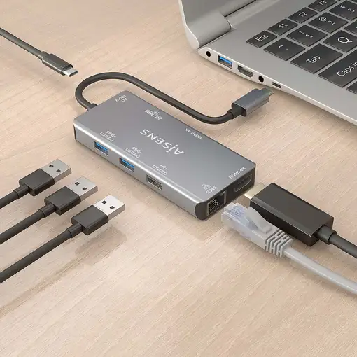 AISENS USB-C Dock 9 En 1, USB-C a 2xHDMI, 1xRJ45, 2xUSB-A USB3.0, 1xUSB-A USB2.0,