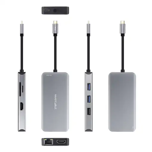 Nanocable HUB USB-C 9 en 1, Conversor USB-C a 3 x USB-A + 2 x HDMI + RJ45 + TF + S