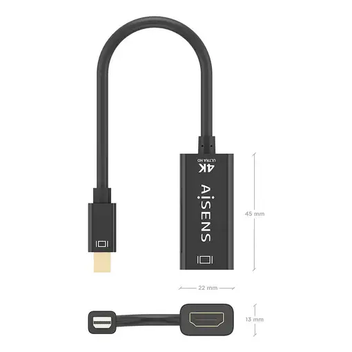 AISENS Conversor MINI DP a HDMI 4K@60Hz, MINI DP/M-HDMI/H, Negro, 15cm