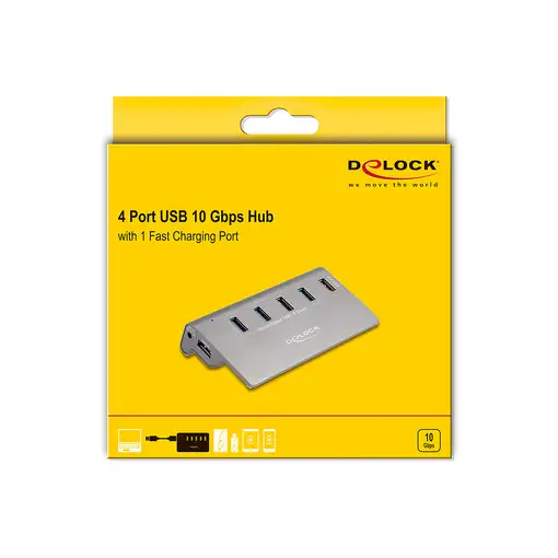 DeLOCK Concentrador USB 10 Gbps con 4 puertos USB Tipo-A + 1 puerto de carga rápid