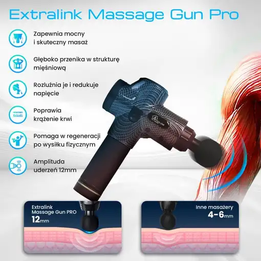 Extralink Pistola de masaje Massage Gun Pro 3800 RPM, 6 puntas intercambiables