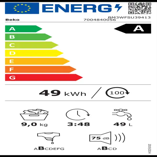 Beko b300 BM3WFSU39413 lavadora Carga frontal 9 kg 1400 RPM Negro, Blanco