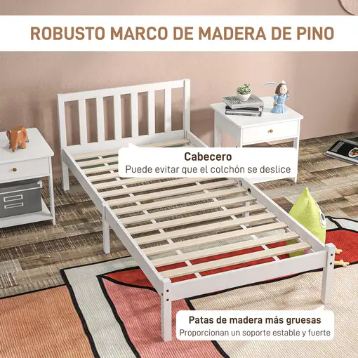 Marco de Cama de Madera con Cabecera 198x96x70 cm Blanco HOMCOM