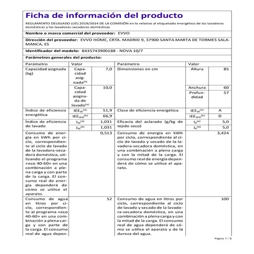 Lavadora-secadoras 7 / 10 kg 1400 rpm Blanco V0233 EVVO