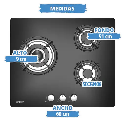 Sauber SECGN06 Negro Integrado 60 cm Encimera de gas 3 zona(s)